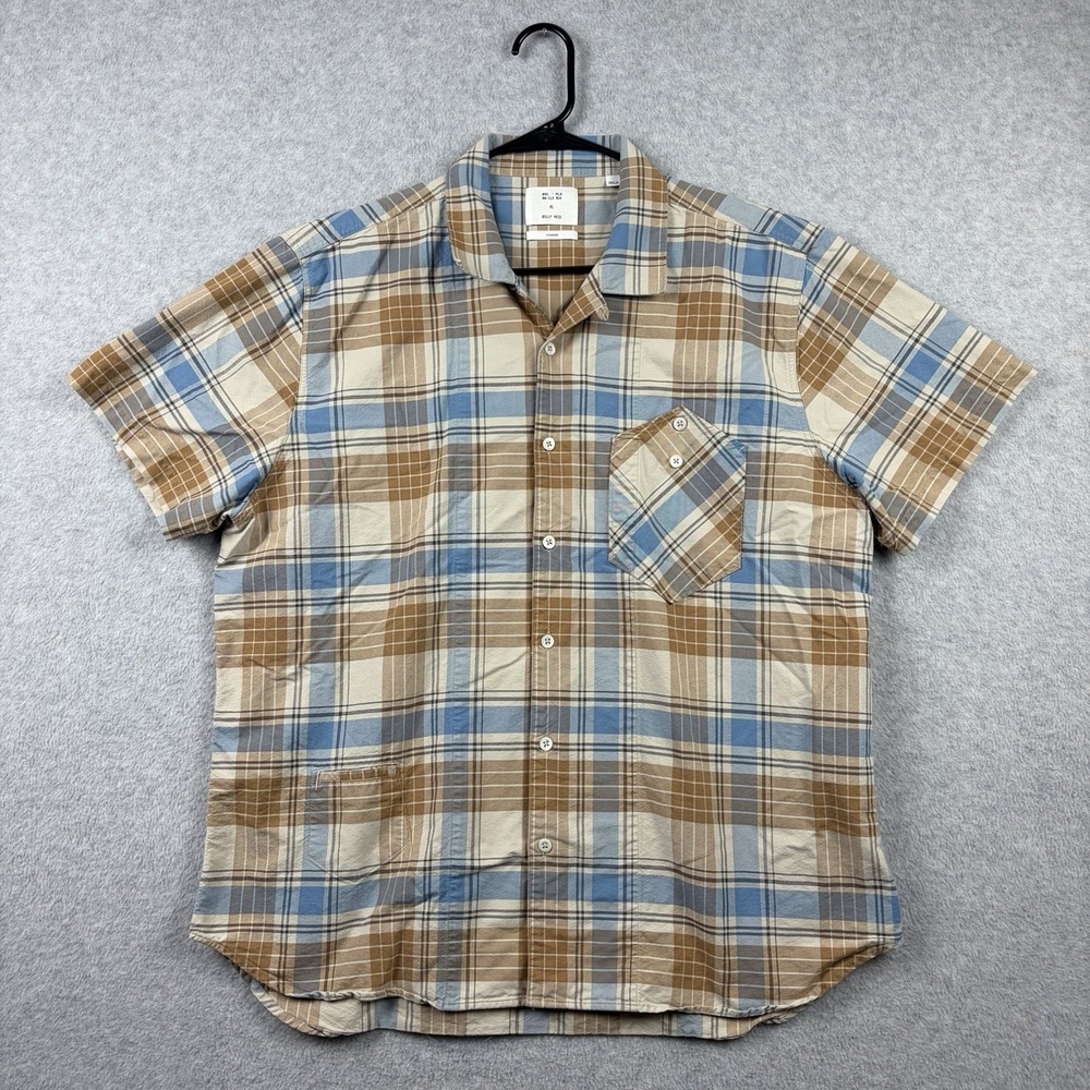 Billy Reid Shirt Mens XL Tan Blue Plaid Camp Loop Collar Utility Pocket MSL ALA